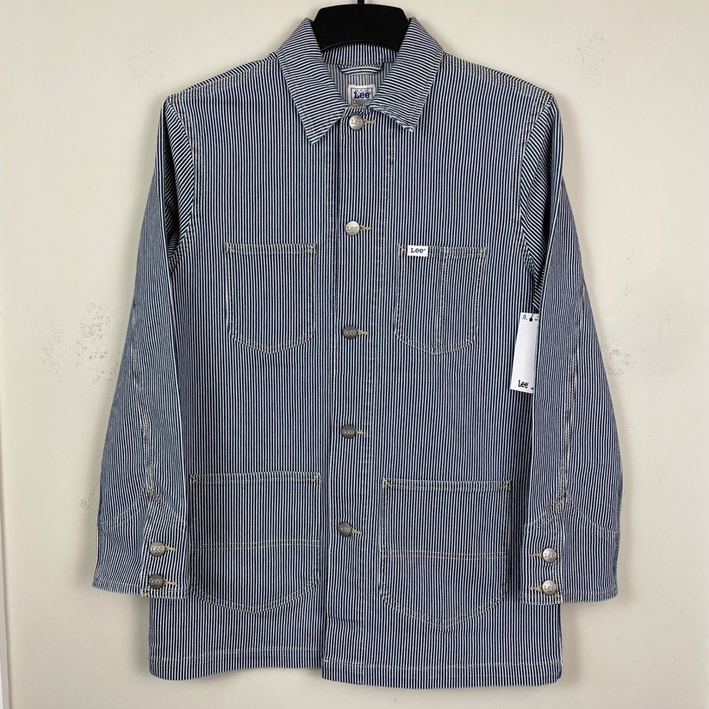 NEW Lee Denim Chore Coat Mens Small Jean Jacket Blue White Railroad Striped